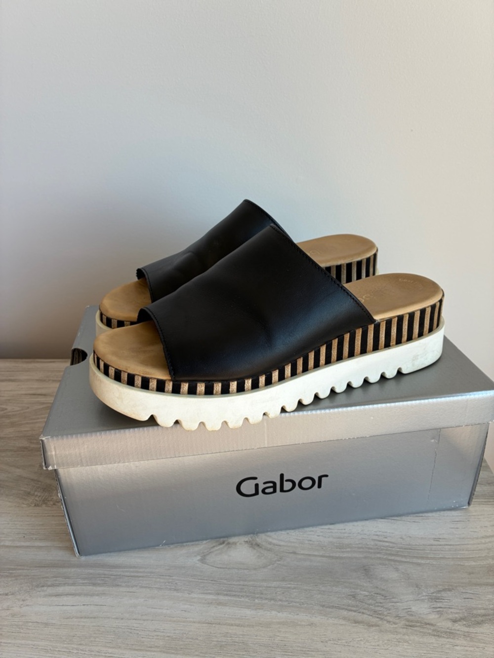 Gabor Black Leather Platform Slide Mules with Striped Midsole